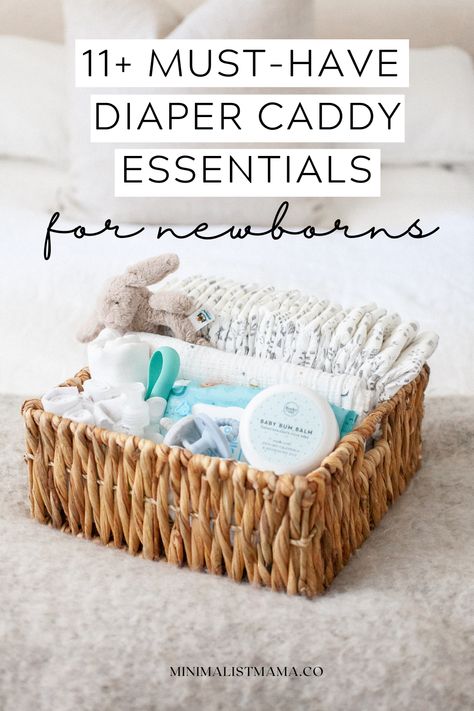 Changing Caddy Essentials, Changing Table Essentials List, Living Room With Newborn, Diaper Basket Ideas, Bedside Caddy For Baby, Bedside Newborn Essentials, Baby Caddy Essentials, Newborn Caddy Essentials, Newborn Changing Station