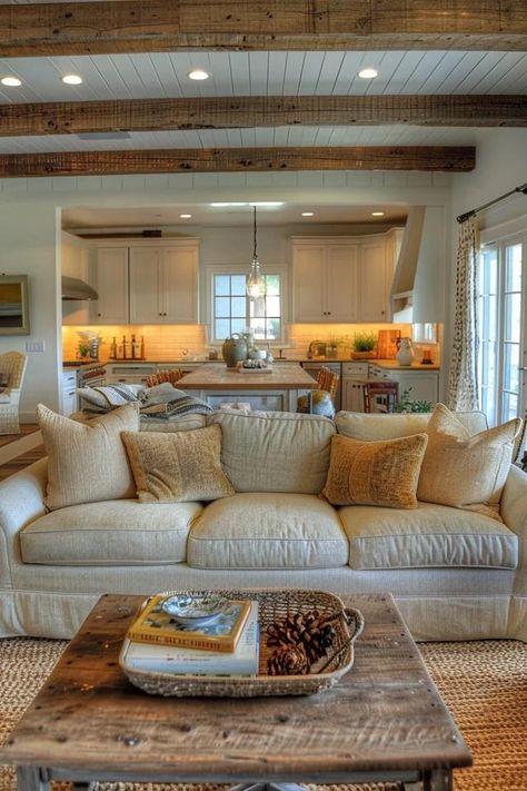 Cozy Rustic Farmhouse Living Room Ideas &amp; Tips Farmhouse Kitchen Living Room Combo, Modern Country Living Room Ideas, Small Living Room Farmhouse, Farmstyle Living Room Ideas, Farmstyle Living Room, Rustic Farmhouse Living Room Ideas, Rustic Cottage Living Room, Kitchen Living Room Combo, Modern Country Living Room