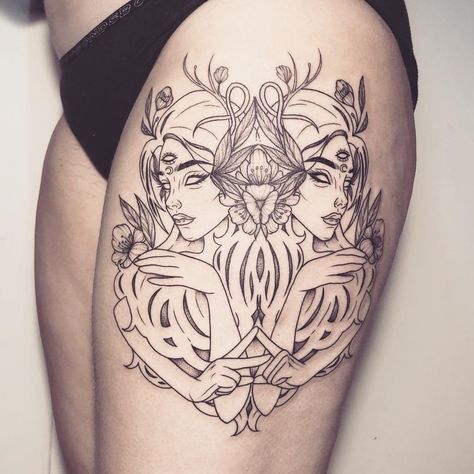 Gemini Tattoo Thigh, Gemini Twin Tattoo For Women, Gemini Twin Tattoo, Gemini Twins Tattoo, Gemini Sign Tattoo, Hamsa Tattoo Design, Gemini Zodiac Tattoos, Gemini Tattoo Designs, Orca Tattoo