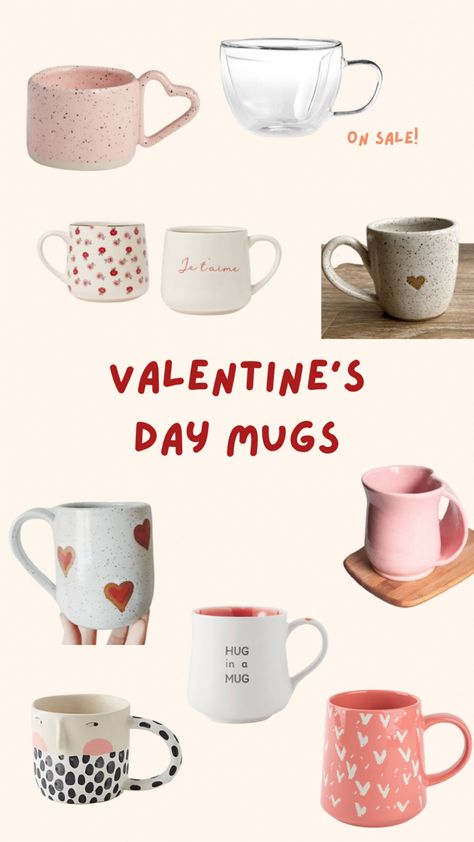 Valentine’s Day mugs, some with hearts, some pink ones, one clear heart shaped one, a few whites ones Tazas San Valentin Ideas, Bae Basket, Valentines Products, Valentines Day Mugs, Valentine Mugs, Coffee And Hot Chocolate, Lululemon Gifts, Valentines Coffee, Cookie Shop