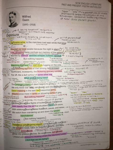 My annotations for the GCSE English Literature AQA Power and Conflict poems - Exposure. [page 1] Exposure Poem Analysis Gcse, Gcse Revision Notes English Poems, Gcse English Literature Poetry, Exposure Annotations, Poetry Anthology Gcse Annotations, Exposure Poem Analysis, Exposure Analysis, Gcse Poetry Anthology, Unseen Poetry