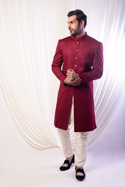 Sherwani For Men Wedding, Prince Coat, Groom Dress Men, Wedding Dresses Men Indian, Sherwani Groom, Sherwani For Men, Maroon Wedding, Pakistani Wedding Outfits, Wedding Dress Men