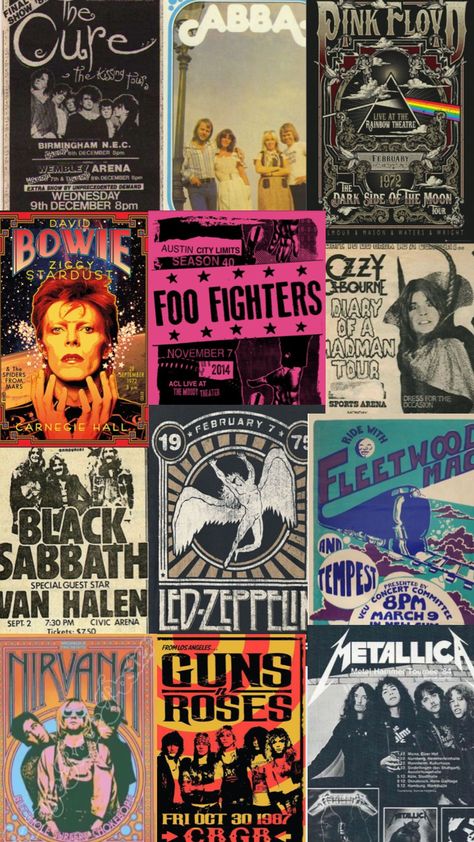 vintage music posters #music #vintage #albums #rock #metal #alternative #collage #posters #musicians #70s #80s #90s #rockstar #wallpaper Band Poster Collage, Rock Collage Wallpaper, 80s Wallpaper Vintage, Music Themed Wallpaper, Retro Poster 90s, 80s Music Aesthetic, 70s Album Covers, Alternative Rock Aesthetic, 90s Rockstar Aesthetic