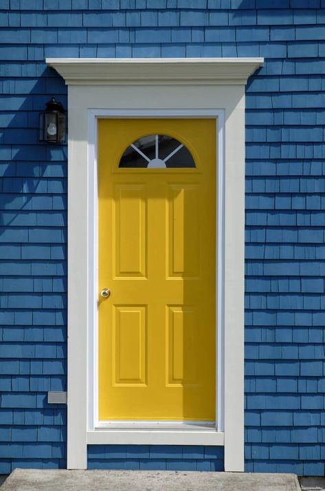 Cedar Shake House, Yellow Front Door, Yellow Front Doors, Front Door Paint Colors, Yellow Door, Door Paint Colors, Suburban House, Yellow Doors, Painted Front Doors