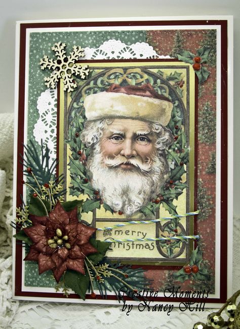 Christmas card made with Stamperia Christmas Vintage paper collection along with Cheery Lynn Designs doily die, Spellbinder poinsettia die set and Impression Obsession pine branch. Santa Christmas Cards Handmade, Vintage Handmade Christmas Cards, Stamperia Classic Christmas Cards, Vintage Christmas Cards Handmade, Stamperia Christmas Cards, Cards Christmas Handmade, Stamperia Christmas, Mintay Cards, Stamperia Cards