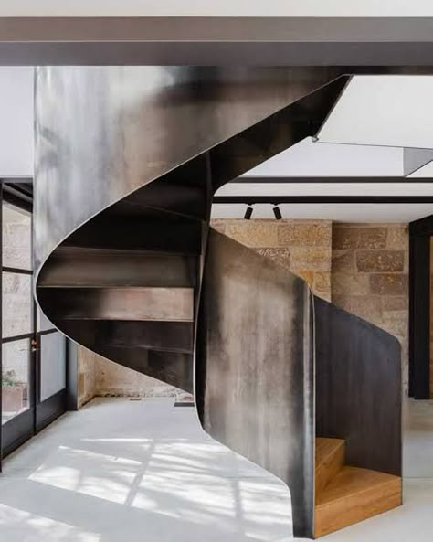 Steel Spiral Staircase, Cabin Bar, Circular Stairs, Steel Staircase, Spiral Stair, Mews House, Interior Elements, Spiral Stairs, Steel Drum