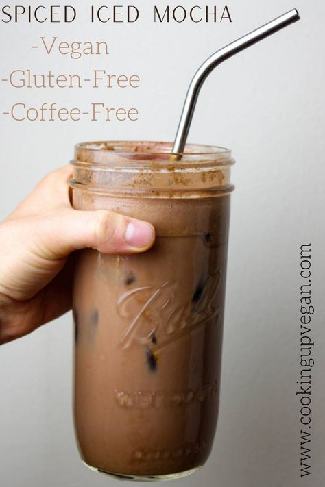 Coffee and dairy free spicy iced mocha in a glass with a straw. Iced Coffee Recipe Vegan, Vegan Iced Coffee Recipes, Cacao Coffee Replacement, Iced Coffee Alternative, Vegan Coffee Recipes Healthy, Coffee Replacement Drinks Healthy, Drinks To Replace Coffee, Healthy Coffee Replacement, Vegan Coffee Drinks