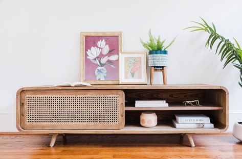 unique rustic TV stand with cane wicker sliding cabinet rounded edges retro design | Interior Design Ideas Most Comfortable Couch, Small Tv Stand, Rattan Door, Small Tv, Mid Century Modern Tv Stand, Rustic Tv Stand, Tv Stand Cabinet, Blue Velvet Sofa, Comfortable Couch