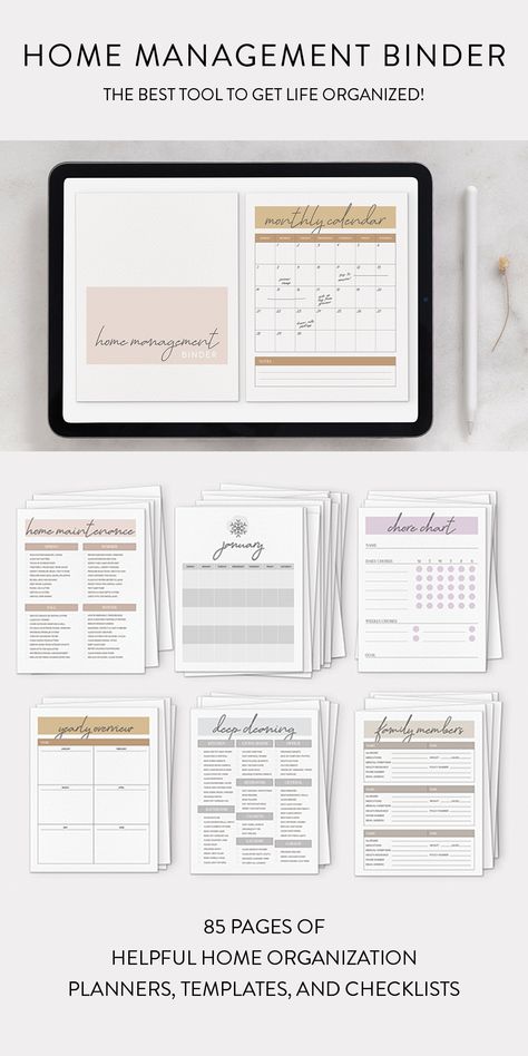 Printable and digital home organization binder, 85 pages of home management prints Home Management Planner, Home Planner Ideas, Home Organization Printables, Life Management Binder, Home Organization Binders, Binder Templates, Goals Printable, House Hacks, Pdf Planner