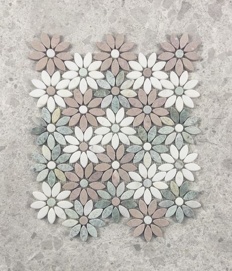 Marble Daisy Mosaic Tile, Laundry Reno, Yellow Kitchen Cabinets, Bronze Tiles, Flower Tiles, Neutral Tile, Silver Tile, Brick Look Tile, Gold Tile