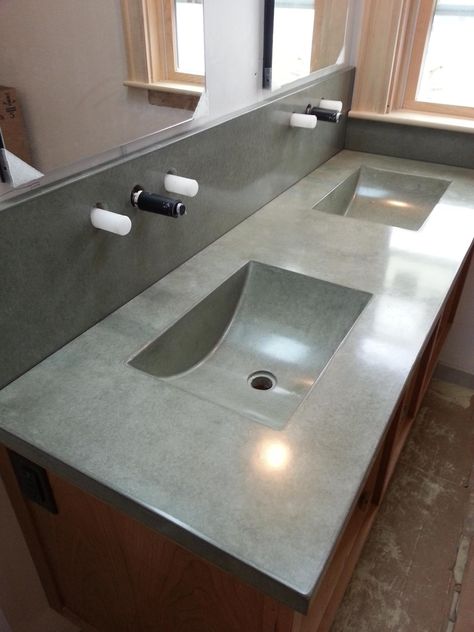 Cement bathroom countertops - like this as one sink with double faucets coming from wall Cement Bathroom Countertops, Concrete Bathroom Countertops, Bathroom Concrete Countertops, Bathroom Countertops Diy, Cement Countertops, Cement Bathroom, Concrete Countertops Bathroom, Concrete Bathroom, Timeless Bathroom