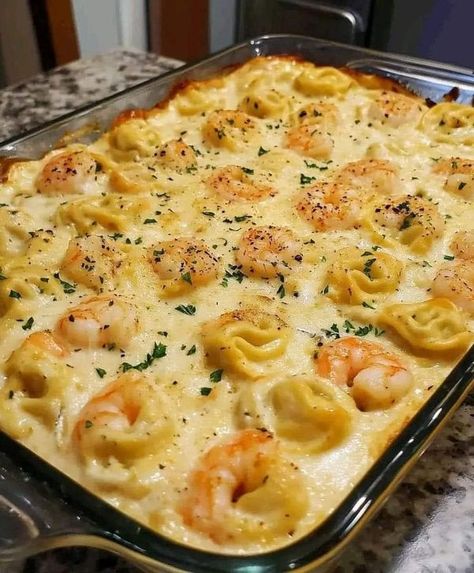 Homemade and Lovin It | CREAMY SHRIMP TORTELLINI ALFREDO CASSEROLE 🍤🍝 | Facebook Shrimp Tortellini Recipes, Shrimp Tortellini Alfredo, Shrimp Tortellini, Cheese Tortellini Recipes, Seafood Alfredo, Alfredo Casserole, Slow Cooker Chili Beef, Tortellini Alfredo, Garlicky Shrimp