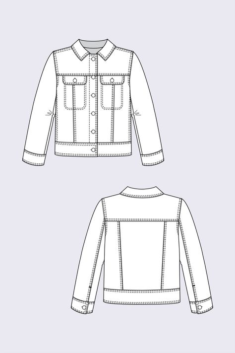 Jacket Sewing Patterns, Jacket Drawing, Jacket With Collar, Flat Drawings, Jacket Sewing, Sewing Pattern Shop, Flat Sketches, Jacket Pattern Sewing, Clothes Sewing Patterns