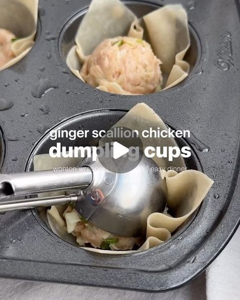 Tina Ann Trevino Vela on Instagram: "Posted @withregram • @seriousfoodfetish Chicken Dumpling Cups  •Follow @seriousfoodfetish for more recipes, restaurant recs & food trends•  Using a muffin tin to create recipes just makes life easier. Since you guys loved the crab rangoon sushi cups I made in the muffin tins, today I give you chicken dumplings that are perfect for a party appetizer or dinner!  Ingredients •1 lb ground chicken  •2 cloves garlic, grated •2 t ginger, grated or minced (skin removed) •pinch of white pepper •1.5 T soy sauce  •2 t sesame oil •4 scallions, finely chopped  •1/3 C cabbage, shredded & chopped  •1 pack wonton wrappers •avocado oil spray  •1 T chili crunch *if you like spice  •2 T dumpling or potsticker dipping sauce  •optional: furikake seasoning  Recipe *preheat o Asian Chicken Dumpling Cups, Dumpling Wrapper Cups, Ginger Scallion Chicken Dumpling Cups, Chicken Dumpling Cups, Dumpling Cups, Furikake Seasoning Recipe, Potsticker Dipping Sauce, Sushi Cups, Asian Dumplings