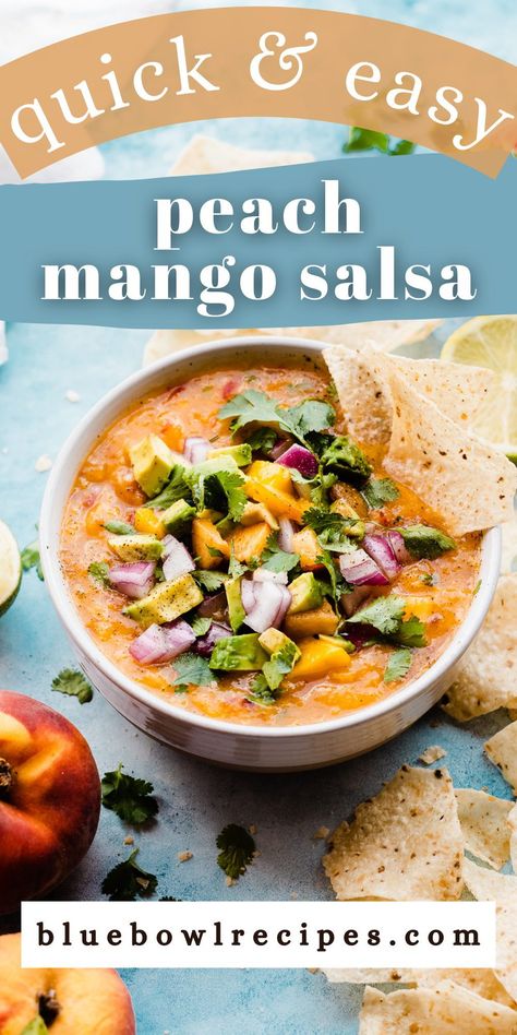 Peach Mango Salsa is the easiest snack to whip up in a blender! It's made with simple, fresh ingredients like peaches, mangos, red onion, lime juice, and cilantro. This salsa is bursting with summer flavor! It's the perfect snack, appetizer, or topping for grilled chicken or fish. #peach #mango #peaches #peachsalsa #mangosalsa #blenderrecipes #salsarecipes #glutenfreerecipes #dairyfreerecipes #veganrecipes #sidedish #bluebowlrecipes | bluebowlrecipes.com Peach Mango Salsa, Stephanie Simmons, Peach Salsa Recipes, Quick Salads, Salsa Ingredients, Homemade Pantry, Peach Salsa, July Recipes, One Pot Dinners