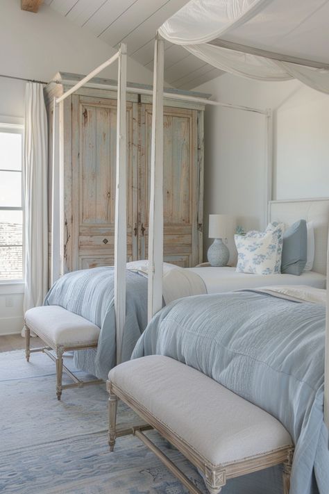 Discover 31 small blue coastal bedroom ideas. Transform your space with soothing blue tones, nautical decor, and light, airy fabrics. Incorporate elements like striped patterns, seashell accents, and driftwood furniture. Utilize space-saving solutions and natural textures to create a serene, beach-inspired retreat that feels both cozy and spacious. 2 Double Beds In One Room, Blue Coastal Bedroom, House Themes, Coastal Bedroom Ideas, Farmhouse Bathroom Design, Rustic Farmhouse Bathroom, Driftwood Furniture, Coastal Room, Feminine Bedroom