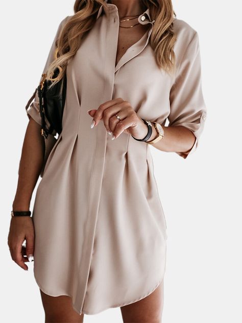 Solid Color Pleated 3/4 Sleeve Casual Shirt For Women Cheap - NewChic Professional Wardrobe Essentials, Fashion Staples, Shirt Collar Styles, Pleated Shirt Dress, Professional Attire, Solid Color Shirt, Womens Long Sleeve Shirts, Mini Shirt Dress, Work Shirts