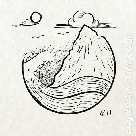 Drawing a minimalistic ocean scene Seashore Drawing, Ocean Scene Tattoo, Scenes Drawing, Scenery For Beginners, Ocean Wave Drawing, Drawing Inspo Sketch, Under The Sea Drawings, Waves Sketch, Drawing Ocean