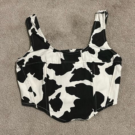 Cowgirl Going Out Top Brand New Never Worn Never Washed Cotton Fabric Cow Print Corset, Cow Print Crop Top, White Cow Print, Denim Crop Top, Denim Corset, White Cow, Print Crop Tops, Printed Denim, Lone Star