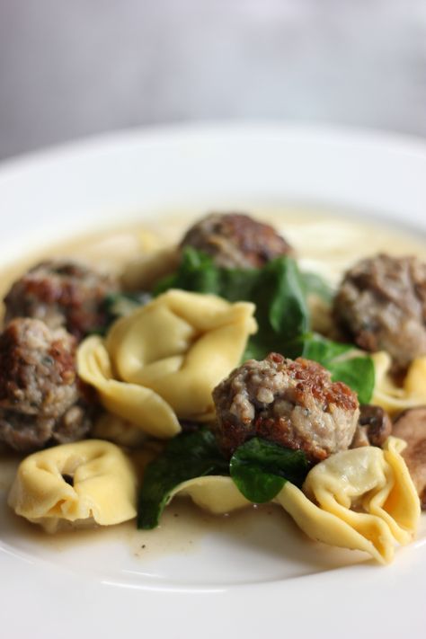 Sausage Meatballs and Tortellini Meatballs And Tortellini, Meatball Tortellini, Meatball Tortellini Soup, Tortellini Recipe, Spinach Bread, Sausage Meatballs, Tortellini Recipes, Wedding Soup, One Pot Meal