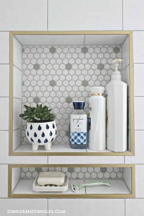 15 Stylish Shower Niche Ideas - Hey There, Home Shower Tile Trim, Tile Trim Ideas, Niches Ideas, Niche Shelves, Wall Niches, Tile Shower Niche, Niche Decor, Bathroom Organization Ideas, Bathroom Niche