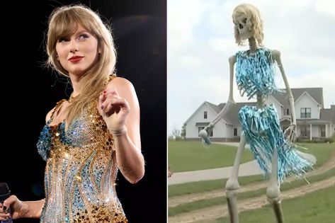 Taylor Swift and Travis Kelce Halloween Skeletons Pop Up in Indiana Town Taylor Swift Skeleton, Famous Mustaches, Metlife Stadium, Chiefs Game, Kansas City Chiefs Football, Chiefs Football, Travis Kelce, Nfl Season, Shake It Off