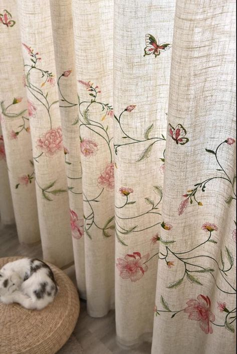 Custom Made Size: if you need custom made size, please contact us. About the product: 1. Material : linen 2. Product Size: listed on website 3. Color: as picture 4.Shadow ability: 40%--70% Function: There are two types of curtain, one is Hooked, another one is Grommet Size description: We usually recommend that you get curtains that are 0.5-1 times larger than the window. The curtains will look beautiful and have some folds. Example: If the width of the window is 100 cm, then curtains with a wid Curtains Bedroom Ideas, Embroidery Curtains, Embroidered Curtains, Painted Curtains, Cute Curtains, Textile Inspiration, English Decor, Flowers Butterfly, Curtains Living