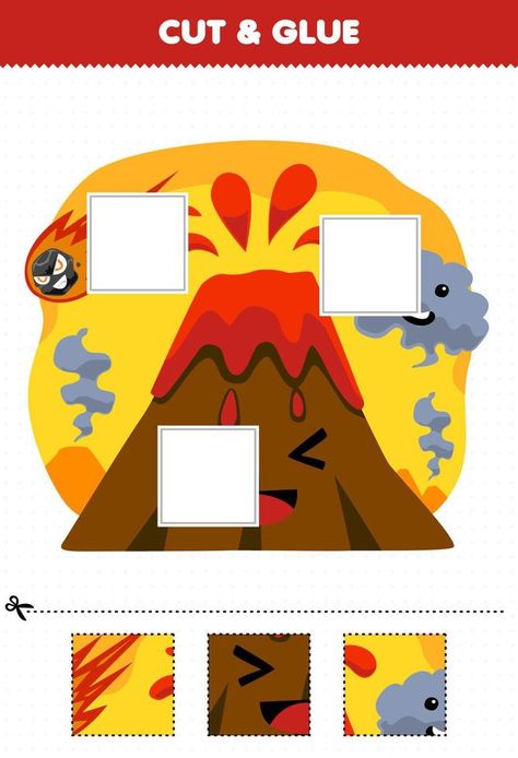 Education game for children cut and glue cut parts of cute cartoon volcano and glue them printable nature worksheet Volcano Printable, Cartoon Volcano, Nature Worksheet, Volcano Worksheet, Daycare Design, Cut And Glue, Game For Children, Baby Learning Activities, School Worksheets