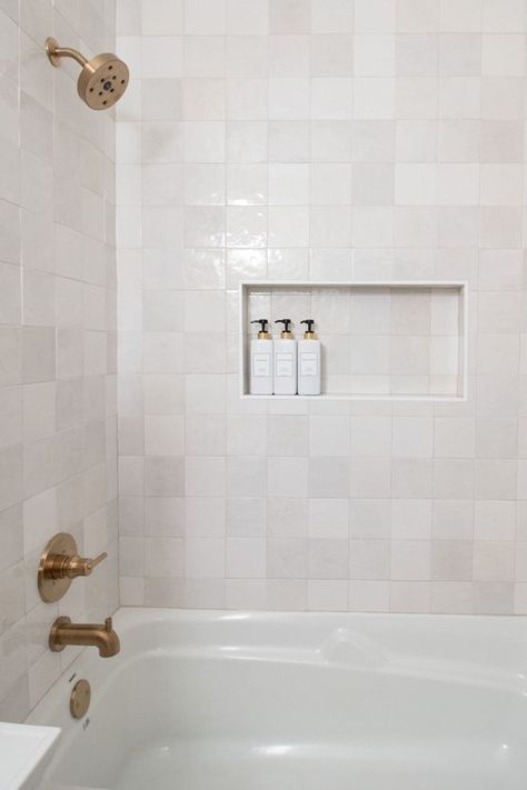 Bathroom With Large Tile Walls, White Tile Combinations Bathroom, Chloe Square Tile, Modern Tile Tub Surround, Chloe Tile White, Chloe Bathroom Tile, Zellige Tile Bathtub Surround, 4x4 White Tile Bathroom, Master Bath White Tile