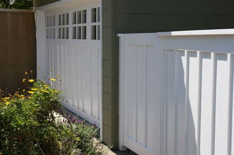 white painted wood privacy fence Batten Fence, Backyard Raised Garden, Yard Oasis, Board And Batten Exterior, Vinyl Board, Wood Privacy Fence, White Fence, Beach House Exterior, Exterior House Color