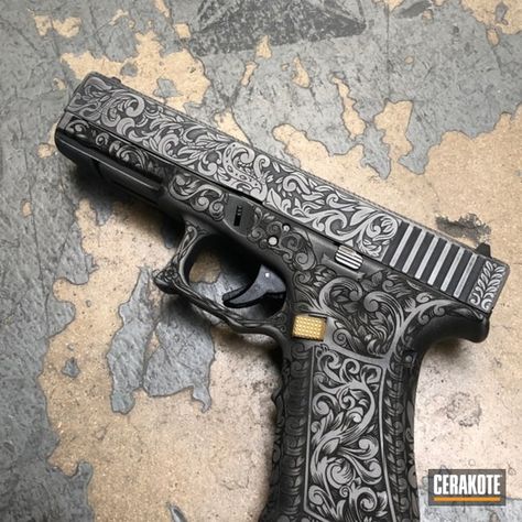 Cerakoted: S.H.O.T,Laser Stippled,Steel Grey H-139,Distressed,Armor Black H-190,Pistol,Glock 17,Laser Engrave,San Antonio Laser Engraving,Deep Engraved,Battleworn,Worn,Glock,Gun Coatings,Handguns 38 Taurus, Zombie Au, Tactical Gear Storage, Curved Swords, Fire Arms, Laser Engraved Ideas, Metal Engraving, Steel Grey, Tactical Gear