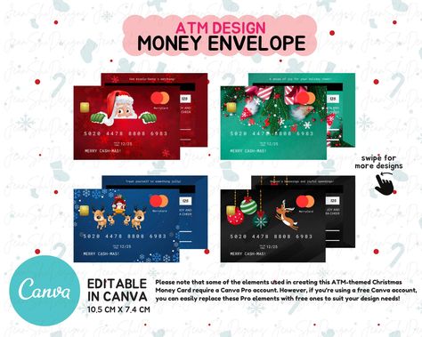 Money Envelope for Christmas day, ATM Style Money Card, Christmas Money Gift Cards, Money Holder, Printable and Editable in Canva Christmas Money Envelope, Christmas Money Cards, Envelope Christmas, Credit Card Design, Money Envelope, Gift Cards Money, Money Card, Christmas Envelopes, Christmas Money