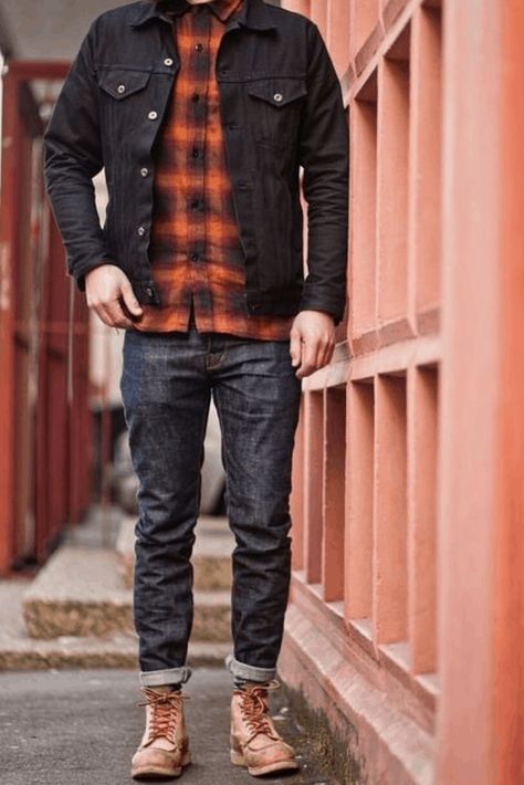 Redwing Boots, Red Wing Heritage Boots, Double Denim Looks, Men's Denim Style, Mens Fashion Rugged, Hipster Mens Fashion, Double Denim, Stylish Mens Outfits, Black Denim Jacket