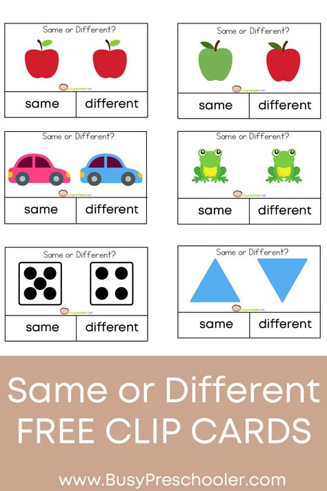 Same Or Different Activities, Same And Different Preschool, Same And Different Activities, Clip Cards Free Printable, Same And Different Worksheets, Shape Sorting Activities, Same And Different, Safety Crafts, Play Preschool