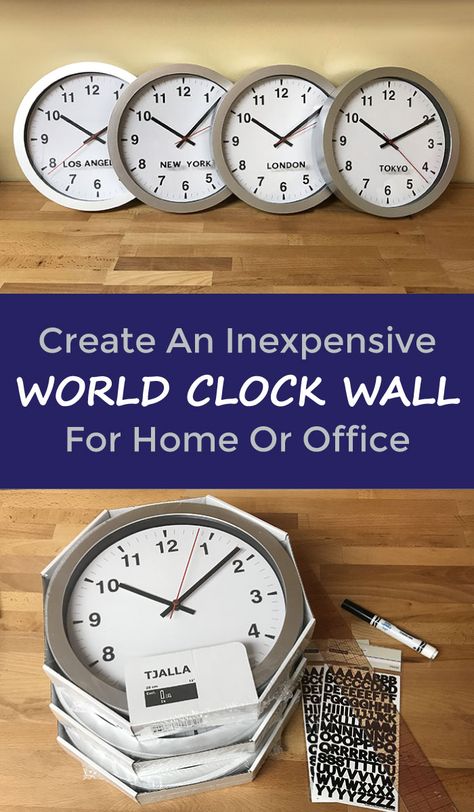 Enhance your wall decor with world clocks and without breaking the bank. This project is easy and quick to complete for even the most novice DIYer. World Clock Wall Ideas, Clock On Wall, Airplane Bedroom, Time Zone Clocks, Gold Wall Clock, Office Clock, World Clock, Cute Wall Decor, Party Place