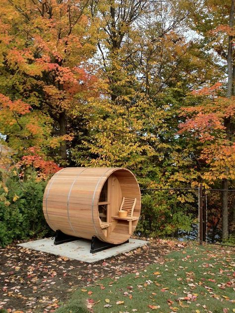 Sauna Ideas Outdoor, Backyard Sauna Ideas, Cedar Sauna, Outdoor Sauna Ideas, Barrel Sauna Landscaping, Garden Sauna, Garden Sauna Ideas, Barrel Sauna Backyard, Backyard Sauna