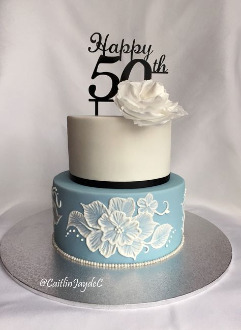 My Mother's 50th Birthday Cake | Delphinium Blue, Brushed Embroidery Flowers Chocolate Raspberry Mud Cake | 50th Cake Topper from www.originalcaketoppers.com @CaitlinJaydeC Cakes For Older Women, Birthday Cakes For Older Women, Bday Cake For Mom, 50th Bday Cake, Brushed Embroidery, Delphinium Blue, Brush Embroidery, 70th Birthday Cake, Decorative Cakes