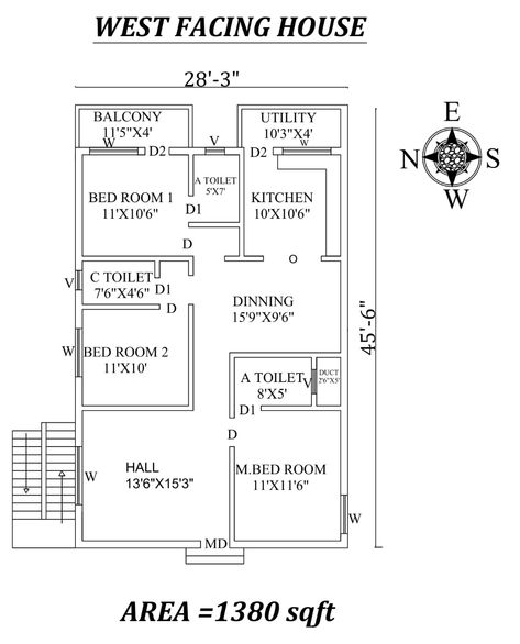 Autocad Drawing file shows 28'3 West Facing House Plan, West Facing House, North Facing House, 20x40 House Plans, 2bhk House Plan, Indian House Plans, Little House Plans, House Floor Design, Modern Style House Plans