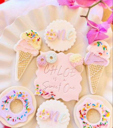 Ice cream cones, donuts perfect for a sweet one’s birthday! Sweet One Birthday Food, One Birthday Cookies, Ice Cream First Birthday, Sweet One Birthday, First Birthday Cookies, Ice Cream Birthday Cake, One Year Birthday, Iced Sugar Cookies, First Birthday Decorations