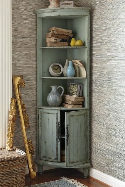 Tall Corner Hutch - Foter Corner Shelf Dining Room, Corner Cabinet Ideas Living Room, Bedroom Furniture Redo, Corner Cupboards, Corner Shelf Ideas, Green Cabinet, Dining Room Corner, Corner Hutch, Corner Furniture