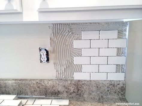 Subway tile backsplash DIY tutorial. Use Grout Boost or other additive - which includes sealer - instead of water to mix the grout. Tile Backsplash Diy, Diy Tile Backsplash, Backsplash Diy, Diy Kitchen Backsplash, Farmhouse Backsplash, Herringbone Backsplash, Diy Backsplash, Diy Tile, Subway Tile Backsplash