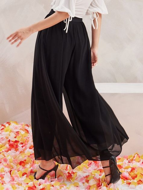 Chiffon Pants, Women Bottoms, Chiffon Fashion, Women Pants, Pants Black, Black Casual, Business Fashion, Wide Leg Trousers, Leg Pants