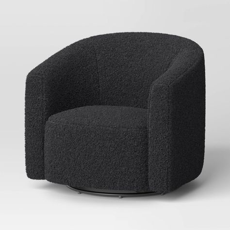 Create a comfy seating spot in your bedroom or living room with this Large Aveline Swivel Chair from Threshold™. This fully upholstered swivel chair designed with a barrel shape features a padded seat and a curved back with armrests to provide you a comfortable seating experience. The solid velvet upholstery blends seamlessly with a range of decor styles, while the swivel mechanism helps it turn in any direction for versatile use. Threshold™: Looks like home, feels like you. Cozy Reading Chair, Black Velvet Chair, Round Swivel Chair, Black Accent Chair, Apartment Vibes, Swivel Chair Living Room, Comfy Seating, Girl Lifestyle, Swivel Accent Chair