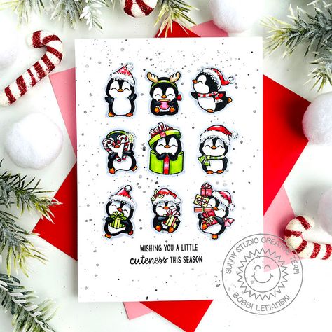 Penguin Party, Studio Cards, Sunnies Studios, Copic Sketch Markers, Tree Stamp, Sketch Markers, Holiday Gift Tags, Christmas Stamps, Cute Penguins