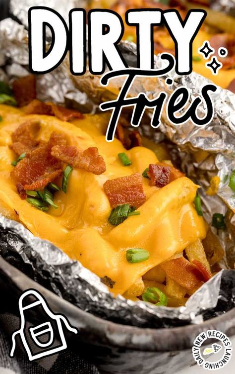 close up shot of a aluminum foil of Dirty Fries topped with cheese then garnished with bacon bits and green onions Bacon Cheese Fries, Dirty Fries, Casserole Side Dishes, Foil Packet Meals, Frozen French Fries, Spaceships And Laser Beams, Loaded Fries, Summer Foods, Fries Recipe