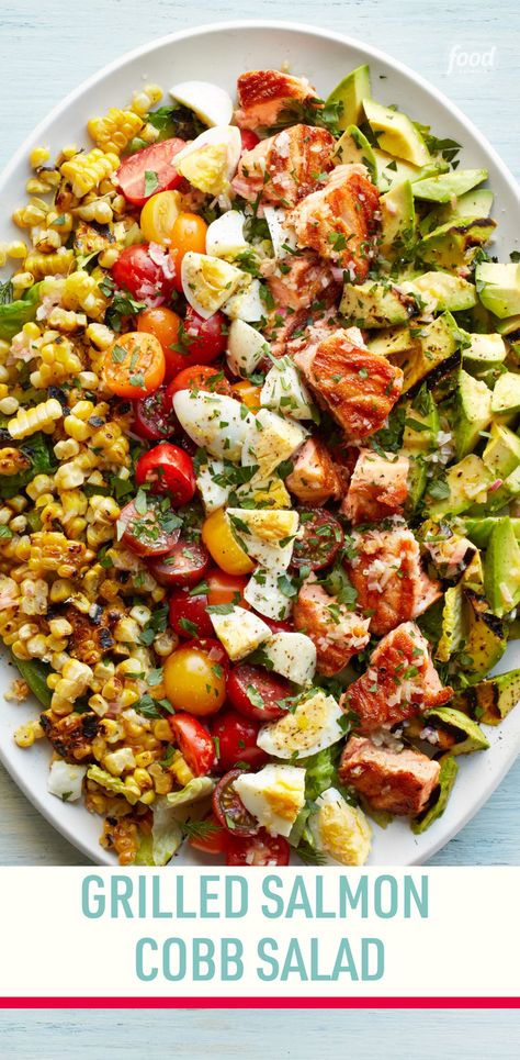 Recipe of the Day: Grilled Salmon Cobb Salad ✨ This spin on a classic Cobb salad hits all the right notes for summer: juicy tomatoes and ripe avocado, of course, with the additions of fresh corn and rich salmon. The other twist? Just about all the components are grilled — even the lettuce! Salmon Cobb Salad, Grilled Salmon Salad, Classic Cobb Salad, Cobb Salad Recipe, Avocado Salad Recipes, Salmon Avocado, Stewed Potatoes, Cold Dishes, Salmon Salad