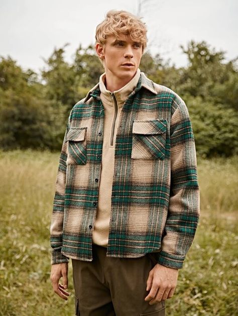 Men Plaid Flap Pocket Overcoat | SHEIN USA Men Flannel Outfits, Plaid Jacket Outfit, Flannel Outfits Fall, Flannel Outfits Men, Flannel Shirt Outfit, Plaid Shirt Outfits, Overcoat Men, Shirt Outfit Men, Fall Flannel