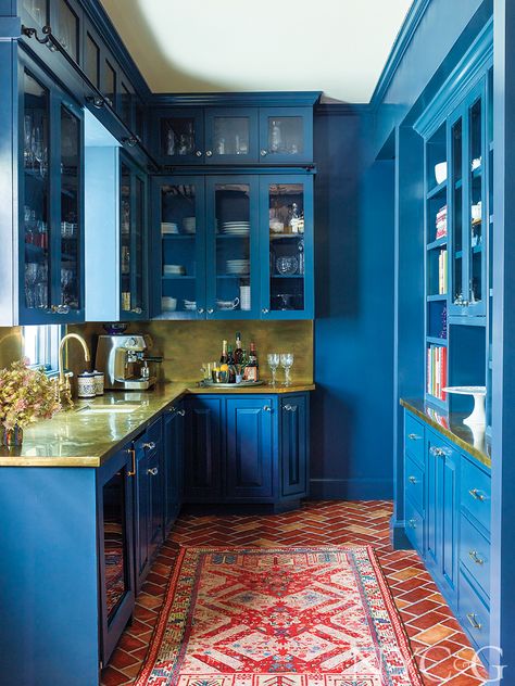 Tour a Revitalized 100-Year Old Home in Larchmont - Cottages & Gardens Blue Victorian Kitchen, New York Brownstone Interior, Jewel Tone Blue, New York Brownstone, Butler’s Pantry, Shower Fittings, Mosaic House, Old Home, Butler's Pantry