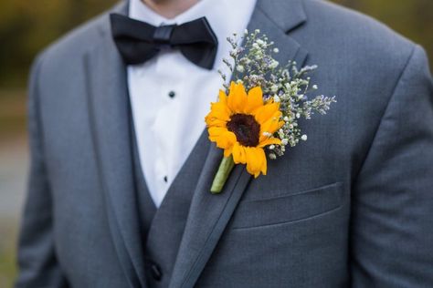 Gray Three Piece Suit, Groomsmen Attire Grey, Grey Tuxedo Wedding, Sunflower Corsage, Beautiful Butterfly Images, Nevada Wedding, Rustic Sunflower Wedding, Groom Tux, Sunflower Themed Wedding