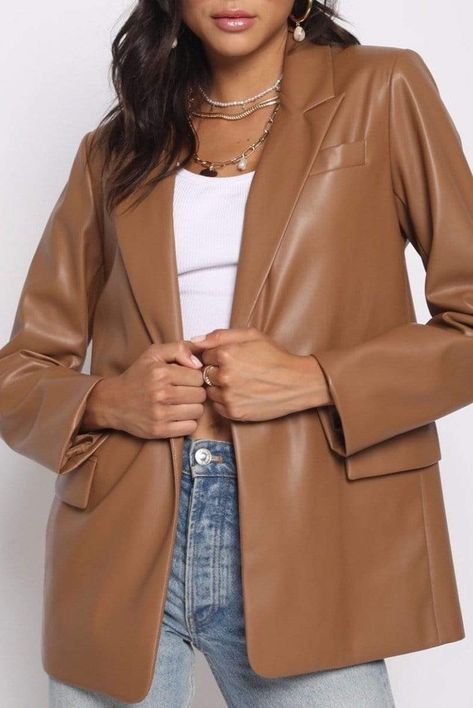 Brown Leather Blazer Outfit, Blazer Outfit For Women, Leather Blazer Outfit, Camel Leather Jacket, Brown Leather Blazer, Curated Wardrobe, Camel Blazer, Faux Leather Blazer, Spring Night